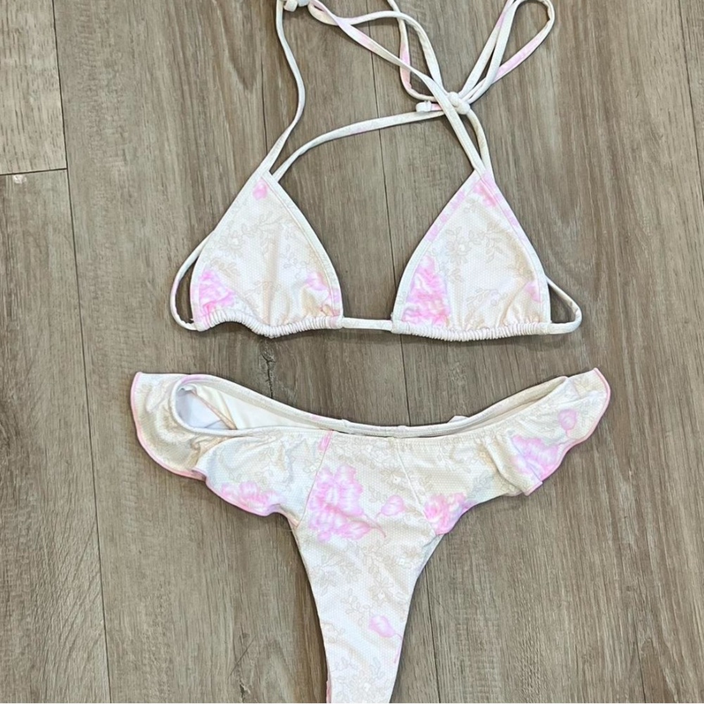 Frankie's Bikinis Pink and Cream Triangle Bikini